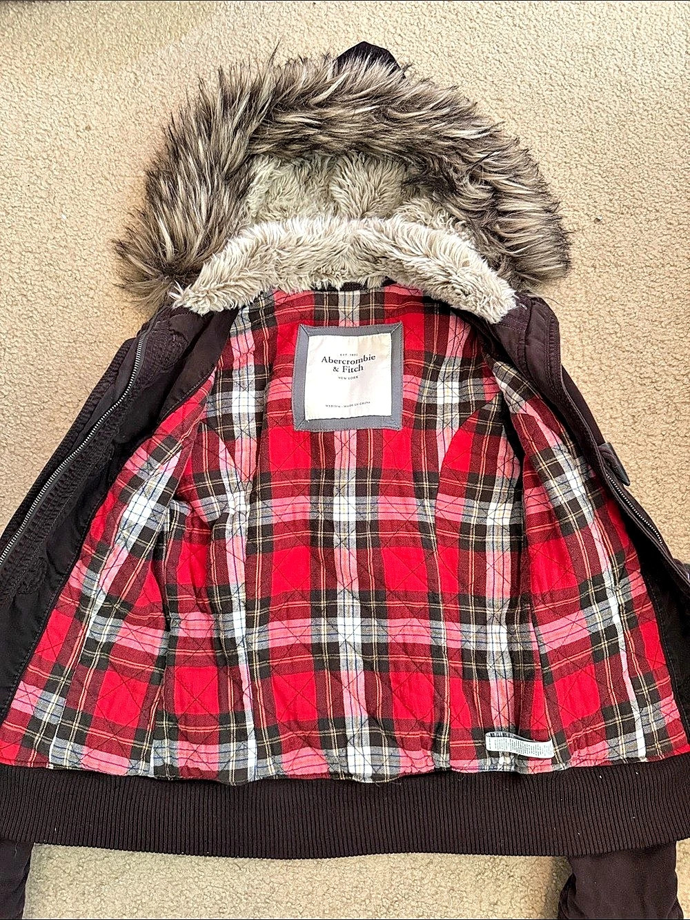 Abercrombie & Fitch Plaid fur Hooded Utility Jacket in Brown Size Medium - Picture 3 of 5